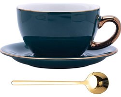 Keramische Koffiekop - Cappuccino Mok - Latte Art Maken - Handbeschilderd Gouden Design - 300 ml - Pauw Groen