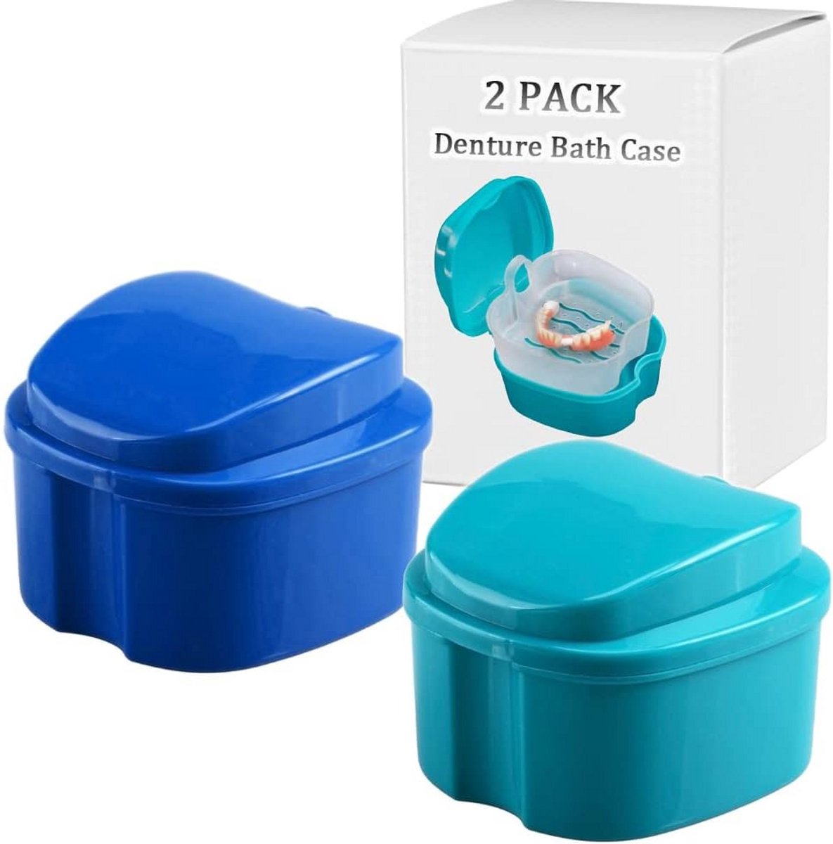 Kunstgebit Badbox - Reinigingsbakje Houder - Hygiënisch Reinigen - Met Uitneembaar Zeefje - 14 cm - Blauw