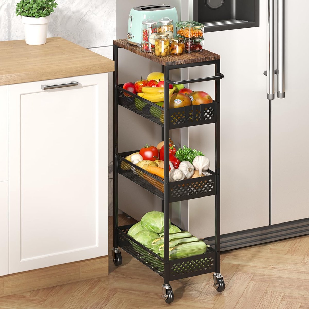 Opbergwagen - Smalle kar - Keuken organiseren - Met houten blad - 4-laags - Zwart