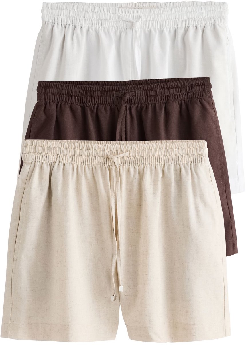 Next - Dames - Shorts met elastische taille en linnen, set van 3 - Wit