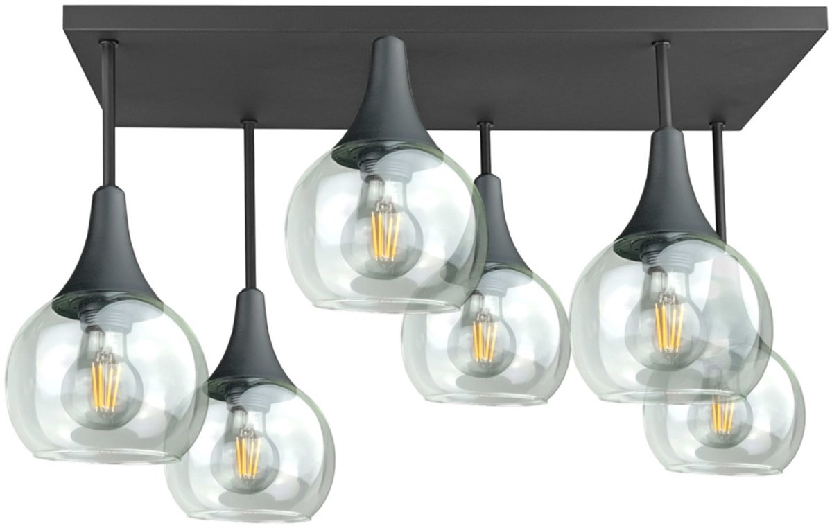 KETER LIGHTING Soma Black Clear Plafondlamp 6xE27 – Zwart Metaal & Transparante Glazen Lampenkappen