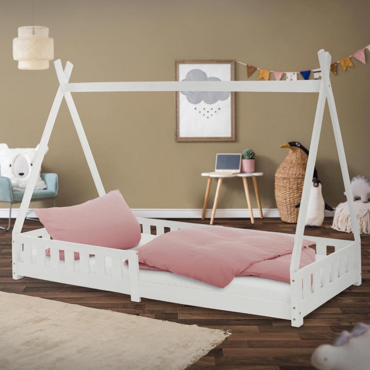 Kinderbed Tipi - Huisbed Speelbed - Veilig Slapen - Met Uitvalbeveiliging - 90x200 cm - Wit