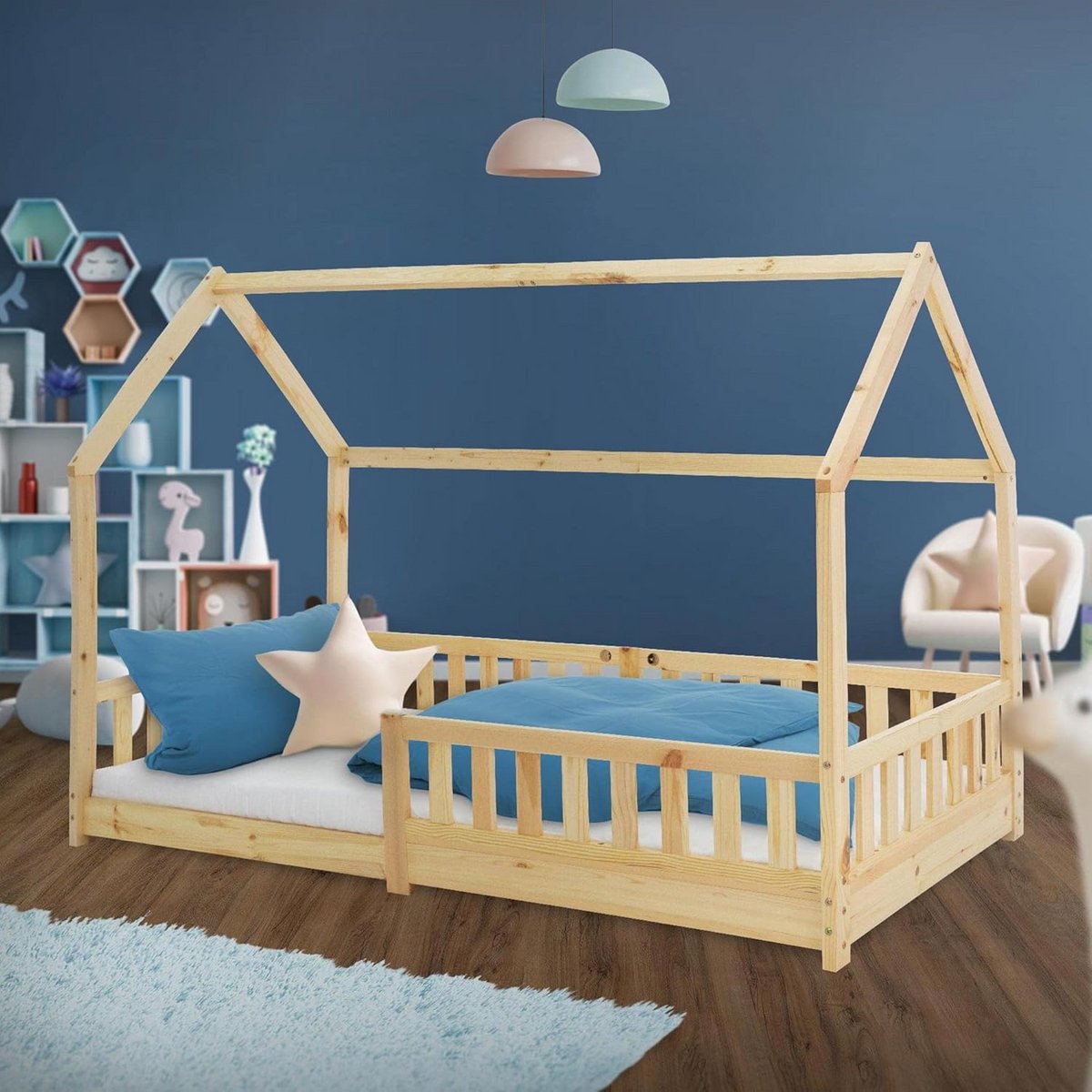 Kinderbed huisje - Houten bed - Spelen en slapen - Met uitvalbeveiliging - 90x200 cm - Naturel