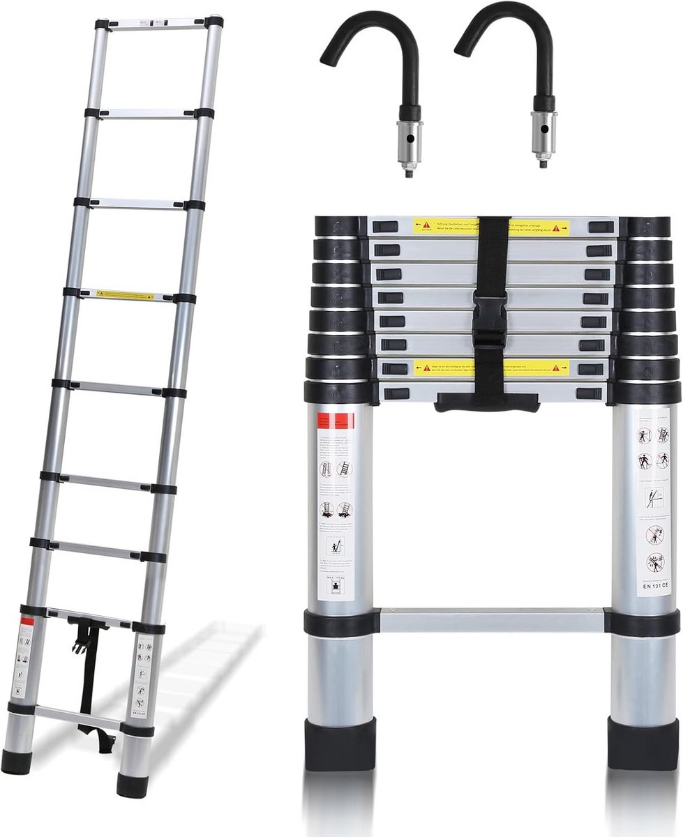Telescopische ladder - Uittrekbare ladder - Klusjes Binnen Buiten - Met Afneembare Haken - 2.6 Meter Hoog - Zilverkleurig