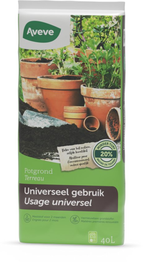 Sac de terreau Aveve Usage universel, 40L, avec des pots en terre cuite et des plantes sur le devant.