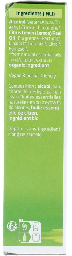 Zijkant van de Weleda Citrus Deodorant Spray verpakking met ingrediëntenlijst in het Engels en Frans.