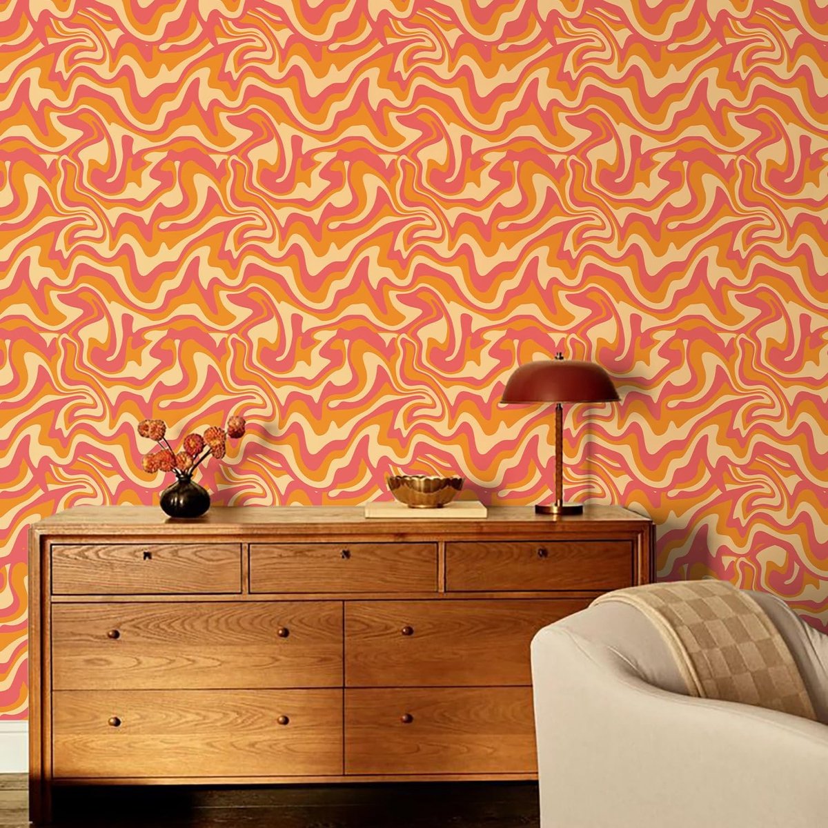 Allecto - Zelfklevend Wanddecoratie - 250cm x 38.5cm - Vinyl Film - Geschikt voor Muurdecoratie in Huiskamer en Slaapkamer - Oranje en Rood - Eenvo...