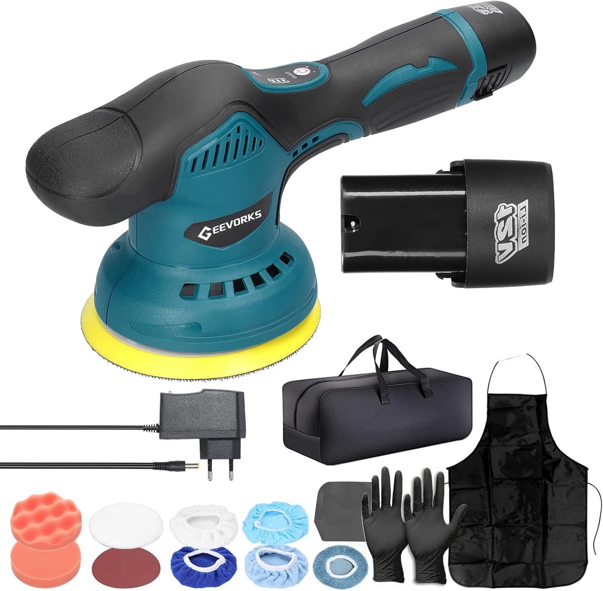Accupolijstmachine - Excentrische polijstmachine - Oppervlakken polijsten - 8 Snelheden Instelbaar - 125 mm Schijf - Blauw Zwart Geel