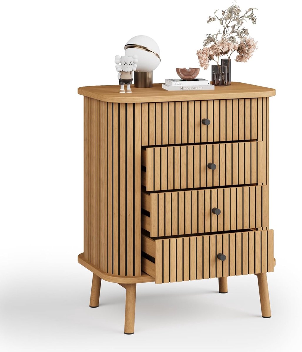 Boho Ladekast met 4 Laden - Modern Houten Nachtkastje met Geribbeld Design en Ronde Hoeken - Bijzetkastje met Matte Zwarte Handgrepen - Wild Eiken - 40 x 60 x 80 cm