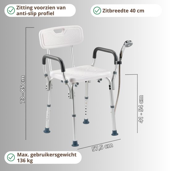 Witte douchestoel met anti-slip profiel zitting, armleuningen en verstelbare poten. Zitbreedte 40 cm.