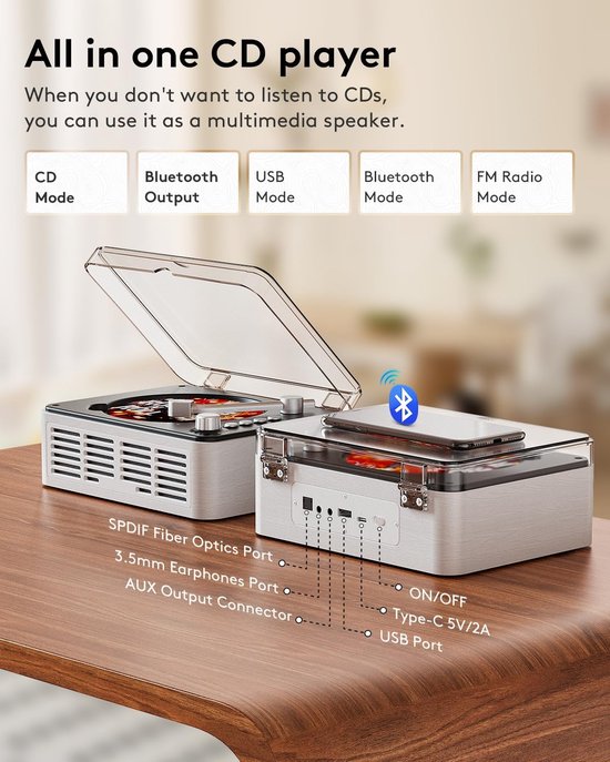 CD-speler met Bluetooth-zender, nostalgische retro houten muziekspeler, ingebouwde luidsprekers met basversterking, FM-radio voor thuisgebruik (bedraad en met afstandsbediening) - wit — afbeelding 5