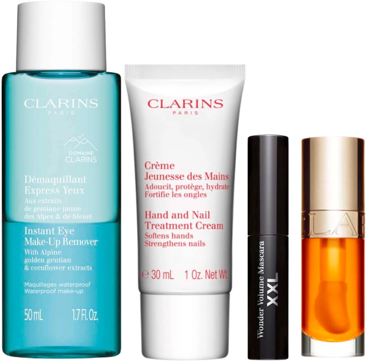 Clarins - Lip Comfort Oil Intense 01 - Hand-& Nail cream 30ml - Instant Eye make-up remover 50ml - XXL mascara mini