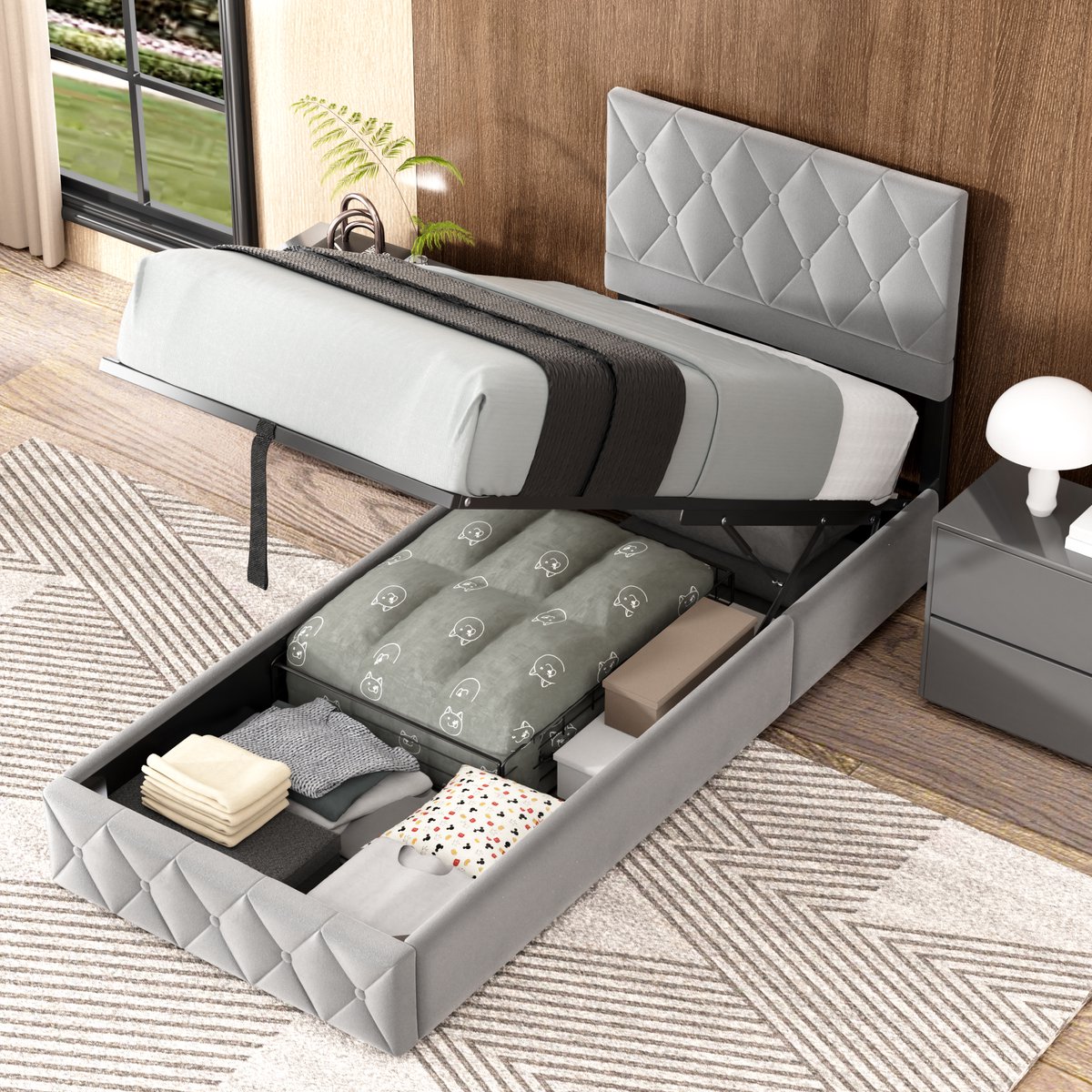 MODFU Gestoffeerd Eenpersoonsbed 90x190 cm – 194x90,5x(100-110) cm – Met zacht hoofdbord en hoog frame – PU grijs – Incl. lattenbodem