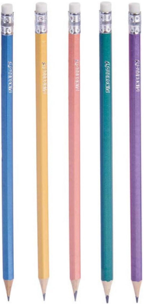 Pincello Teken potloden - 5x - multi colours - grijze punt - met end gummetje - schrijfbenodigdheden
