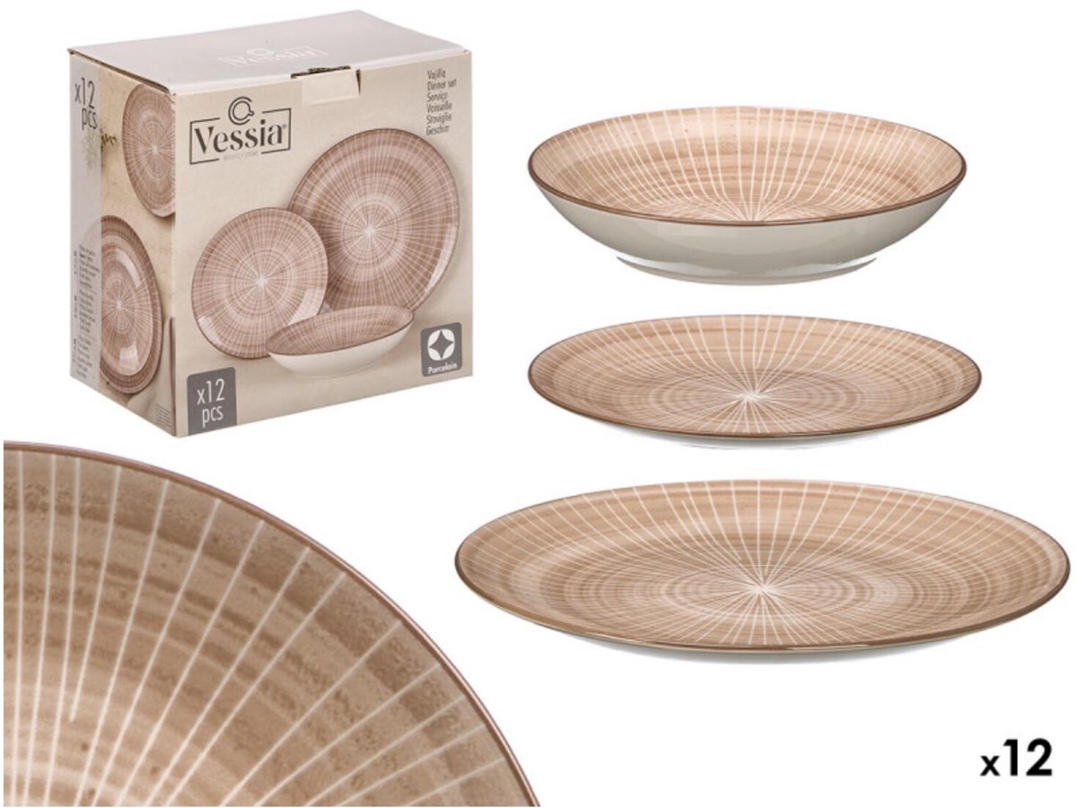 Vessia Servies set Zakynthos - 12 delig - bruin - porselein - 4 personen - gestreept