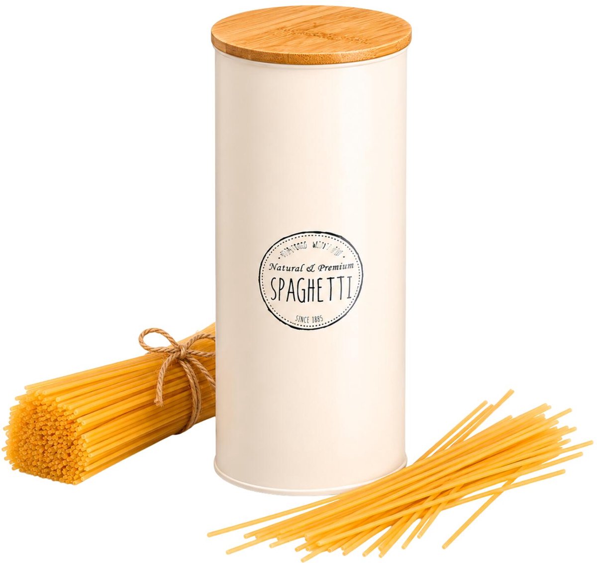 Kinvara Voorraadpot Essentials - keuken - spaghetti pasta - creme wit - 12 x 28 cm - metalen blik - bamboe deksel - luchtdicht