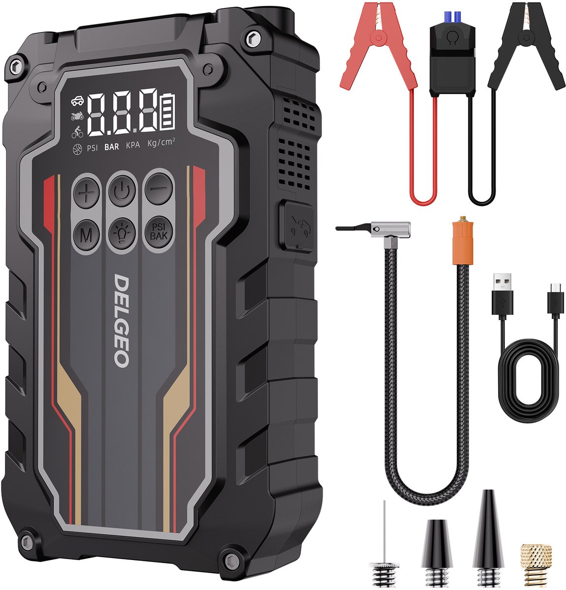 Delgeo CYD32 10000mAh Startboostersysteem – 600A Piekstroom, 150PSI Luchtpomp, 5V/2A USB, Type-C – Compacte Noodstroomvoorziening voor Auto en Reis