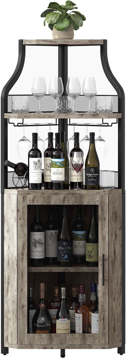 Hoek wijnrek bar kast – Modern wijnkast met wijnrek & glashouder – 5-lagen wijnkast met verstelbare schappen – Opbergkast voor woonkamer, keuken, eetkamer – Vintage Grijs