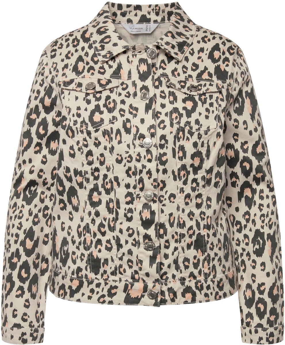MIAMODA - Dames - Denim jas luipaard-patroon overhemdkraag lange mouwen - Donker kiezel - Maat 56