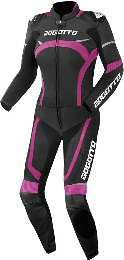 Combinaison de moto Bogotto noire avec accents roses et logo sur les manches. Modèle femme.