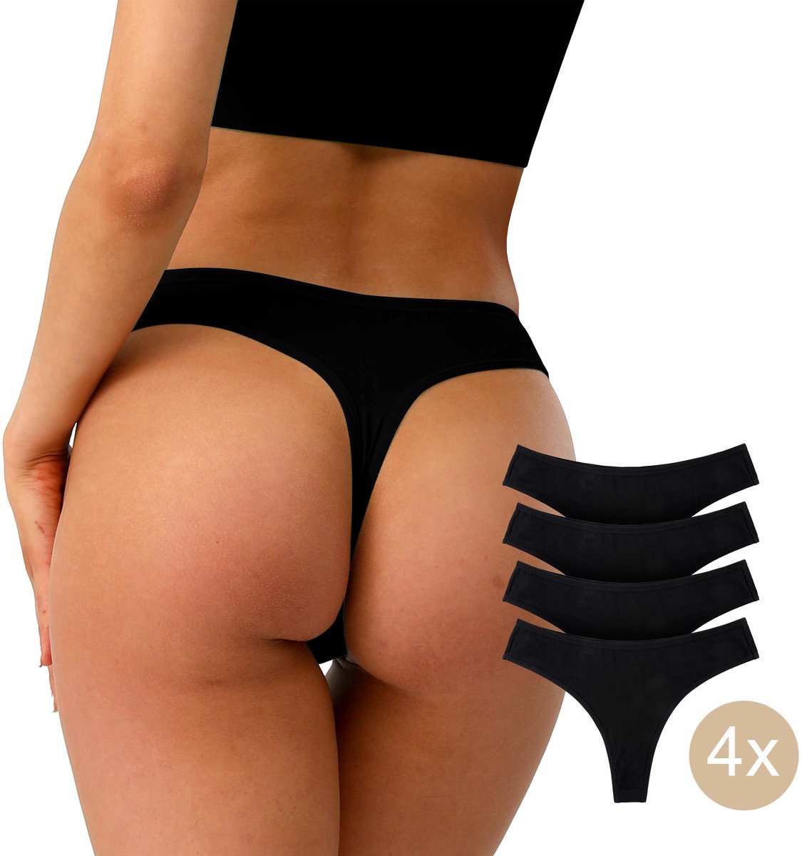 Calzera 4 Katoenen Dames Strings - Ultiem Comfort - Zwart - Maat XL