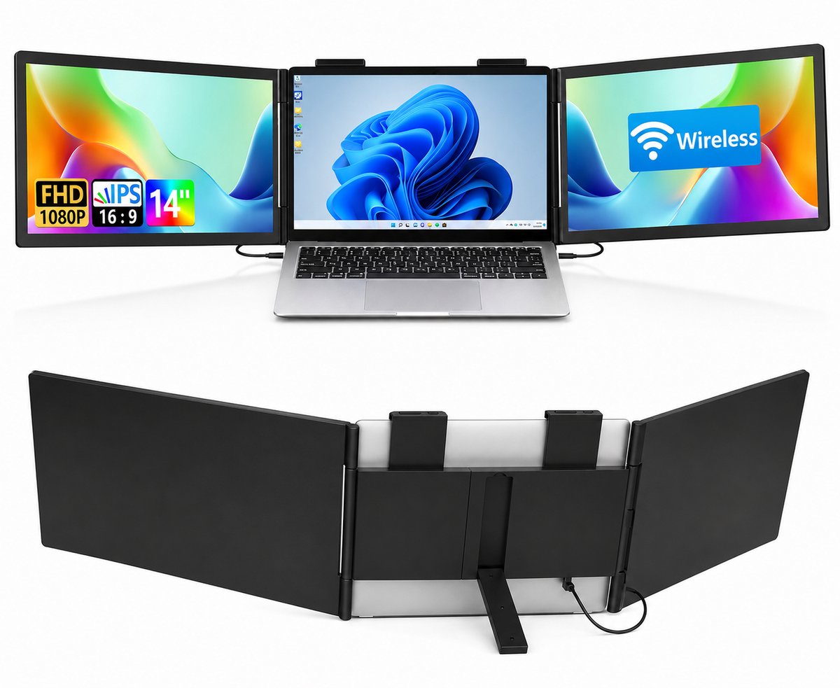 Wireless Portable Monitor Double - 14 inch - Draagbare Monitor FHD 1080P - Scherm voor Laptop - Windows/Mac/Phone/Games - Scherm uitrbeider Laptop