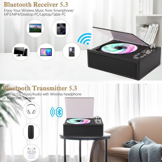 Draagbare cd-speler met afstandsbediening, oplaadbare batterij, USB/SD-ondersteuning, lcd-scherm, kleine compacte retro cd-speler, dubbel stereogeluid voor thuis en bu Buiten, zwart — afbeelding 4