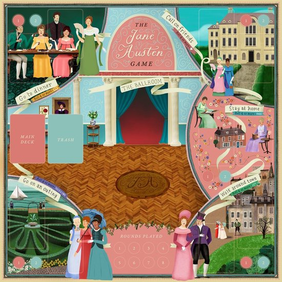 Het speelbord van The Jane Austen Game, met illustraties van landhuizen, tuinen en mensen in historische kleding.