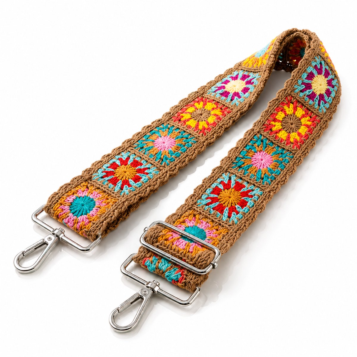 Luxamore® Tas Riem Boho Gehaakt – Brede Tassenriem – Schouderriem Tas – Tassenhengsel Verstelbaar – Crochet Granny Square Bruin Multicolor – Zilver Metaal – Cross Body – Festival Dames – Handtas Bandje