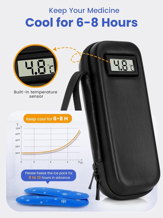 Insuline Koeltas met 2 Koelelementen - Met °C Temperatuurweergave - Diabetes Koeltas - Insulinepennen koeltas - Diabetische Reistas - Insuline Etui - Koelbox - Koeltasje Voor Op Reis - Koeltas voor Insulinespuit - Koelt Medicatie 6-8 uur lang - Zwart — afbeelding 3