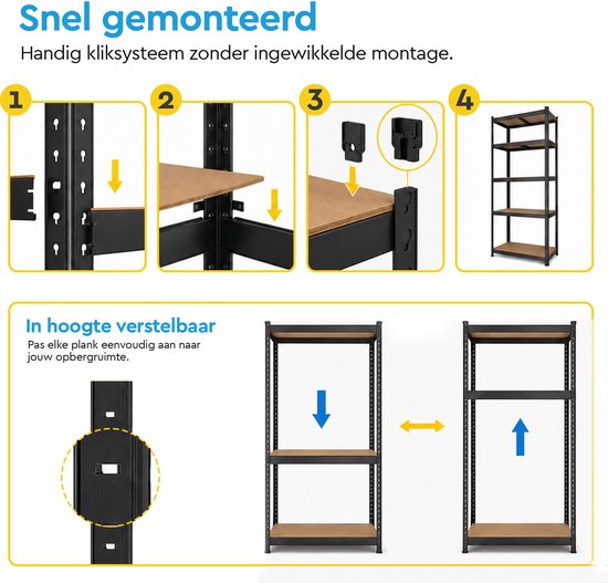 Illustratie van snelle montage van de stellingkast en hoogteverstelling van de planken.