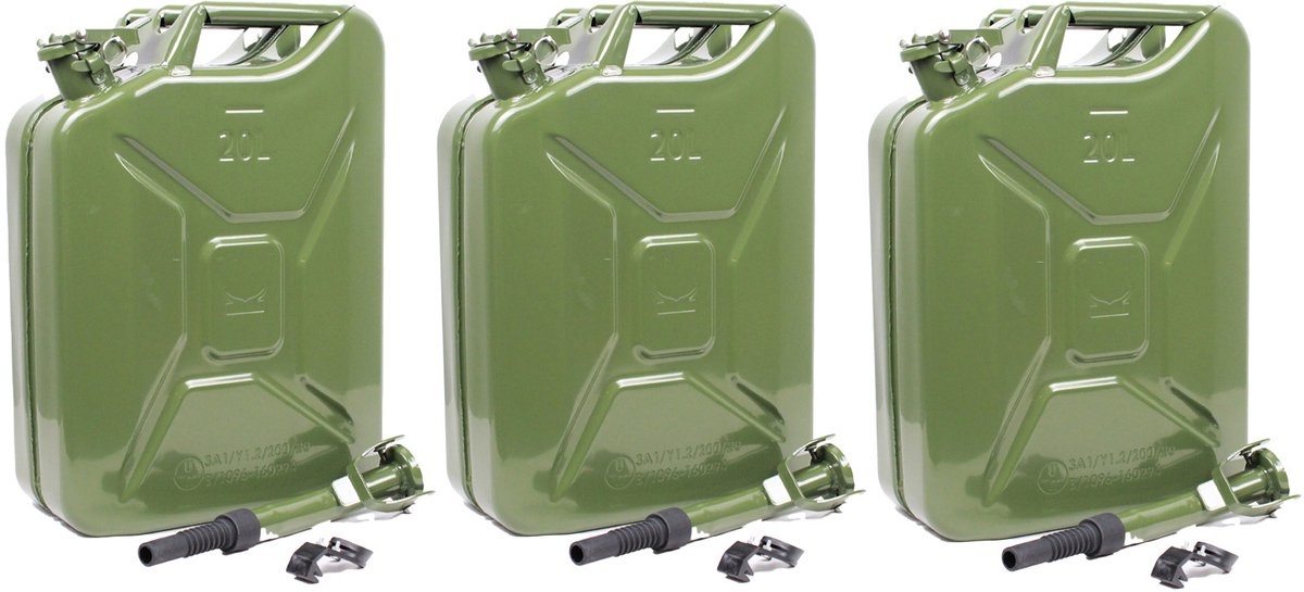TRUTZHOLM 3x Metalen Jerrycan 20L - Olijfgroen - Met UN-Goedkeuring - Inclusief 3x Flexibele Schenktuit en Uitlooppijp Houder