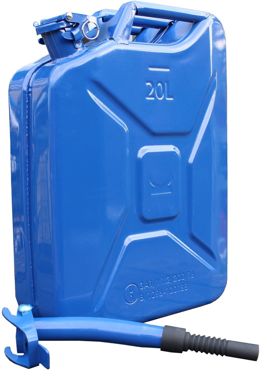 TRUTZHOLM Metalen Jerrycan 20L Blauw - Met UN-Goedkeuring - Inclusief Flexibele Schenktuit en Heavy-Duty Voertuighouder