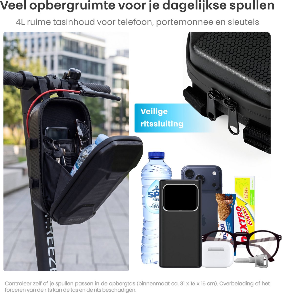 Phreeze Stuurtas Elektrische Step 4L - Groot & Schokbestendig - Waterdichte Opbergtas met 3 Vakken - Frametas - Opbergtas Fietsframe - Handlebar Bag geschikt voor Xiaomi, Segway, Ninebot Fiets & E-Scooter – foto 5