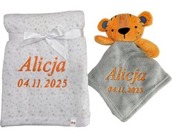 Babydeken met knuffel - Gepersonaliseerd dekentje - Geboorte cadeau - Met naam en datum - 76 x 102 cm - Grijs