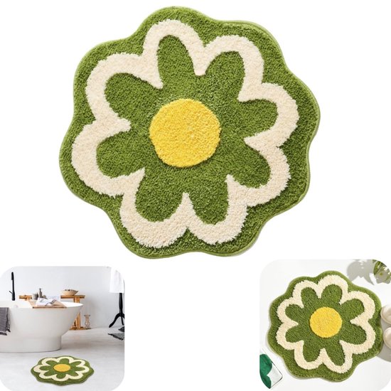 Groen bloemenkleed met geel hart en crème bloemblaadjes, afgebeeld in een badkamer en als los product.