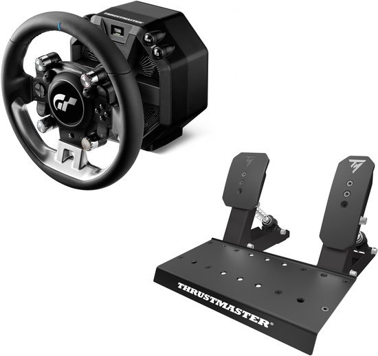 Thrustmaster T598 servo base met een racestuur en pedalen in een studio-opstelling.