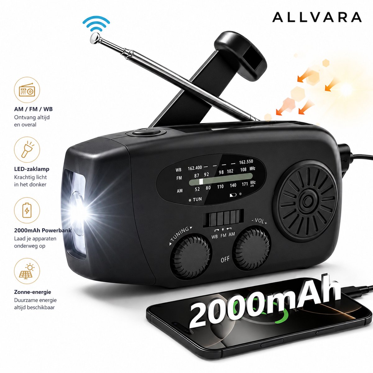 Allvara® Multifunctionele Noodradio - Powerbank - Opwindbaar - Solar/Zonne energie - LED Zaklamp - USB C - SOS alarm - Draagbare radio - Noodpakket