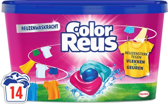 Verpakking Color Reus wascapsules met paars deksel, 14 capsules zichtbaar.