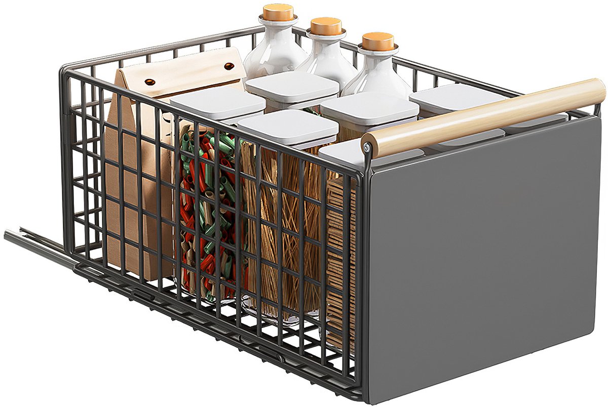 Lemlit Uitschuifbare Keukenkast Organizer - Telescoop Schuiflade Met Houten Handgreep - 39,5x23,5x19,5 cm - Keuken Badkamer Opbergruimte - Grijs