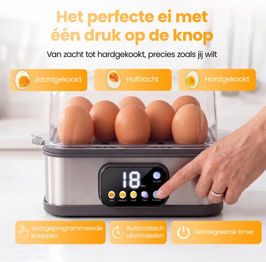 Vinger drukt op de 'Time' knop van de zilverkleurige eierkoker met 8 bruine eieren. Toont zacht-, half- en hardgekookte eieren.