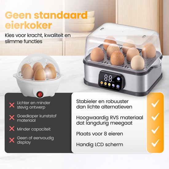 Vergelijking van eierkokers: zilverkleurige eierkoker met 8 eieren en LCD scherm naast een witte, kleinere eierkoker.