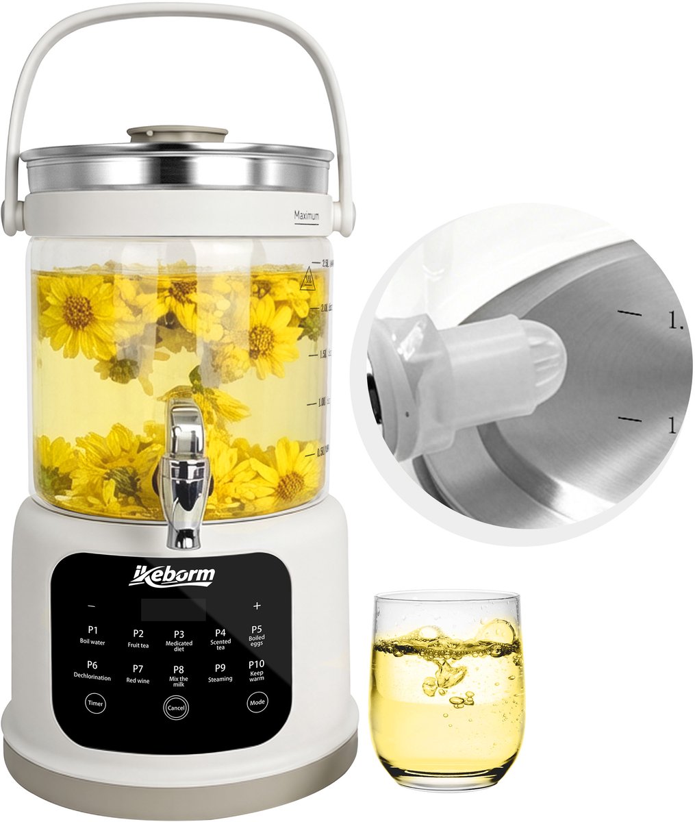 Elektrische waterkoker – 3L – Met warmhoudfunctie – 10-in-1 glazen theeketel – Temperatuurregeling – 24 uur warmhouden – Roestvrijstalen tuit – BPA-vrij – Voor thee en koffie