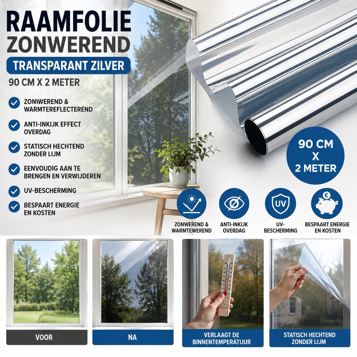 Wicotex Raamfolie - Zonwerendende raamfolie - Afmeting 90cm x 2m - Kleur transparant-zilver