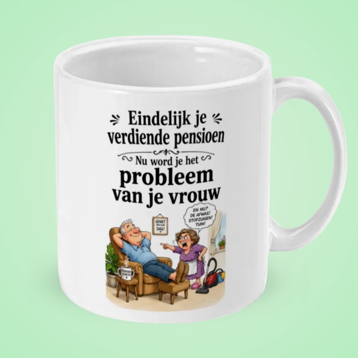 Mokster Pensioen Mok Man – Pensioen Cadeau Man - Grappige Pensioenmok met Illustratie – "Eindelijk je verdiende pensioen, nu word je het probleem van je man" – Keramische Koffiemok