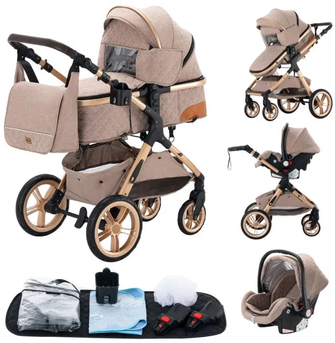 LUMÉ STORE Luxe Kinderwagen 3-in-1 - Kwalitatieve Buggy - Maxi Cosi - Opvouwbare Wandelwagen - Regenhoes - Luiertas - Beige