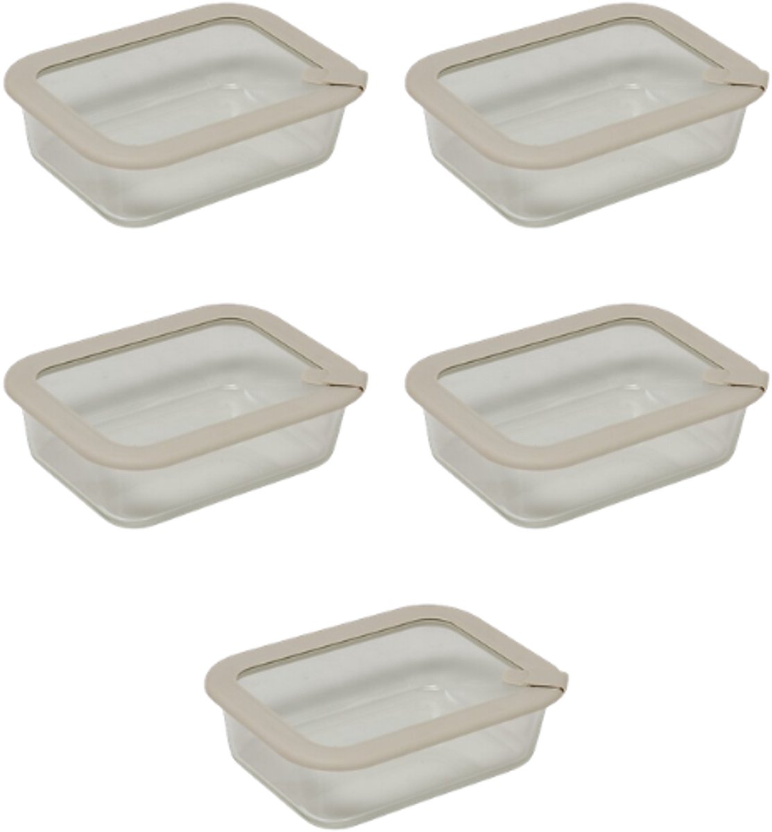 5-Delige - Vershoudbakjesset - Meal Prep Bakjes - Lunchbox - Rechthoekige Bewaardozen van Borosilicaatglas - Magnetron- & Vaatwasserbestendig - 950ml - 20.3 x 15.2 x 6.2 cm - Transparant met Grijs Deksel