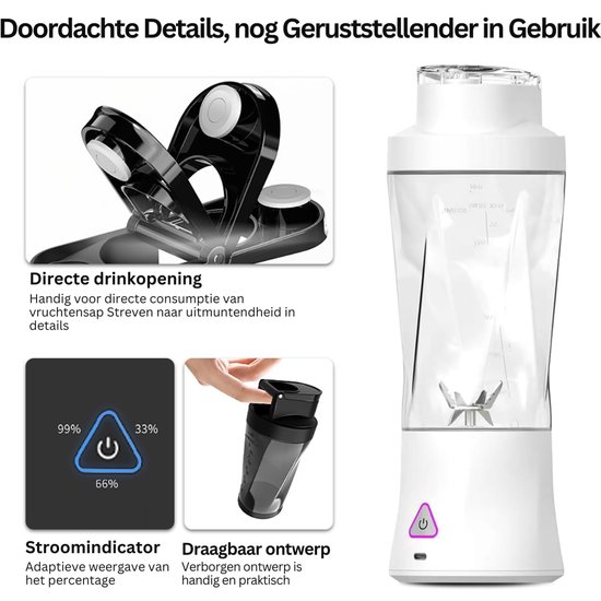 Smoothie Maker to Go, 700 ml draagbare mixer, draagbare blender met 6 messen roestvrij staal, mini-mixer voor shakes, USB-standmixer, klein, voor sportschool, kantoor, camping, reizen (6000 mAh, wit) — afbeelding 4