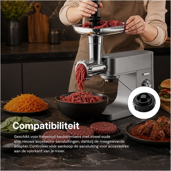 Vleesmolen-Opzetstuk voor Kenwood Standmixer - Opzetstuk met Adapter, 4 Maalschijven, 3 Maalmessen, 2 Worstvulbuizen - Vleesmolenaccessoires voor Kenwood van MMOBIEL — afbeelding 5