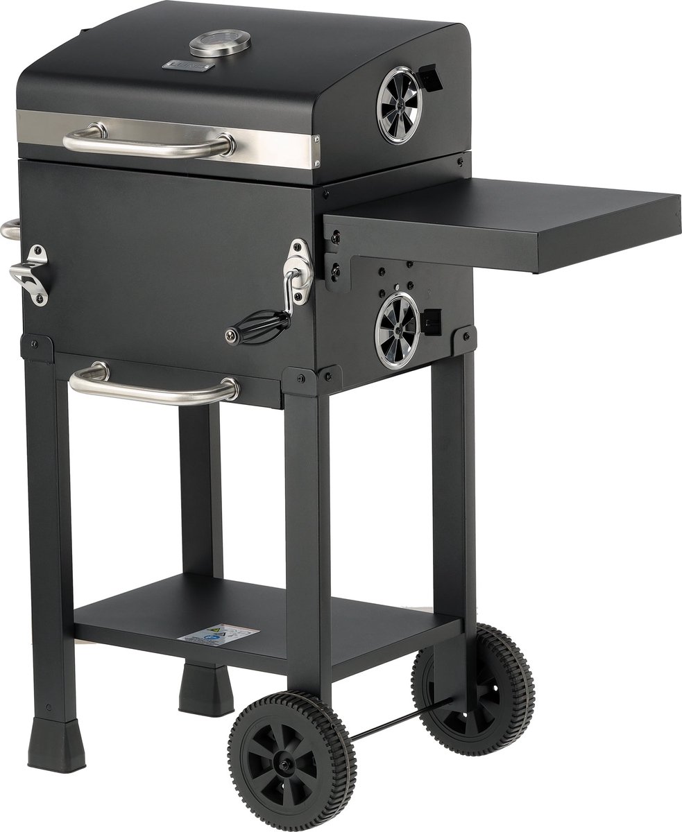Charcoal Grill Deluxe Houtskoolbarbecue met Deksel - 39,5 x 29,5 cm - Verstelbaar Grillrooster - Ingebouwde Thermometer, Warmhoudrek & Wielen - Zwart